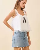 CT9289-Lace Detail Black Ribbon Bow At Neckline Top
