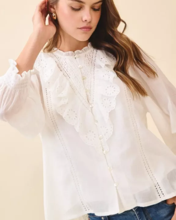 CT9550-Eyelet Embroidery Ruffle Lace Trim Button Down Top