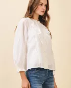 CT9550-Eyelet Embroidery Ruffle Lace Trim Button Down Top
