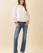CT9550-Eyelet Embroidery Ruffle Lace Trim Button Down Top