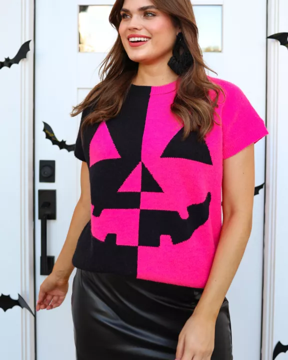 Pink Pumpkin Short Sleeve Sweater