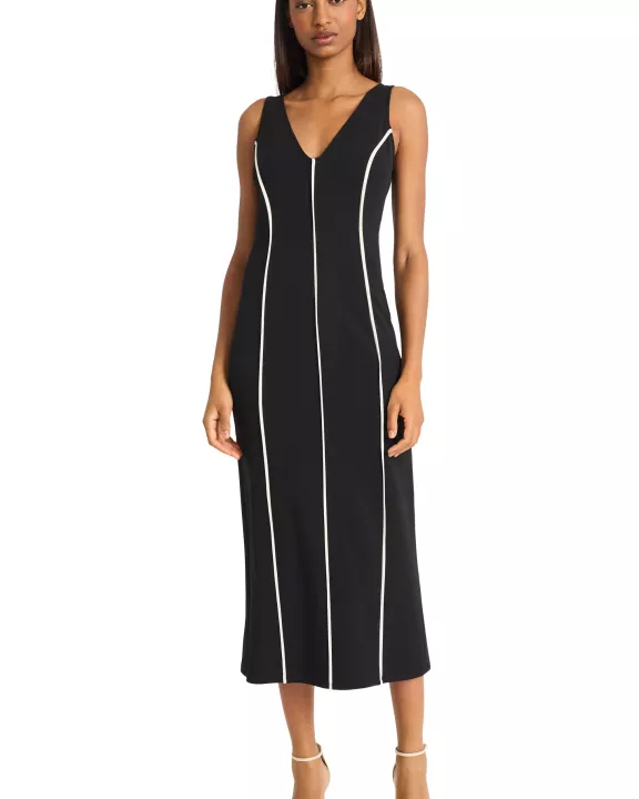 V-NECK MIDI DRESS WITH CONTRAST PIPING