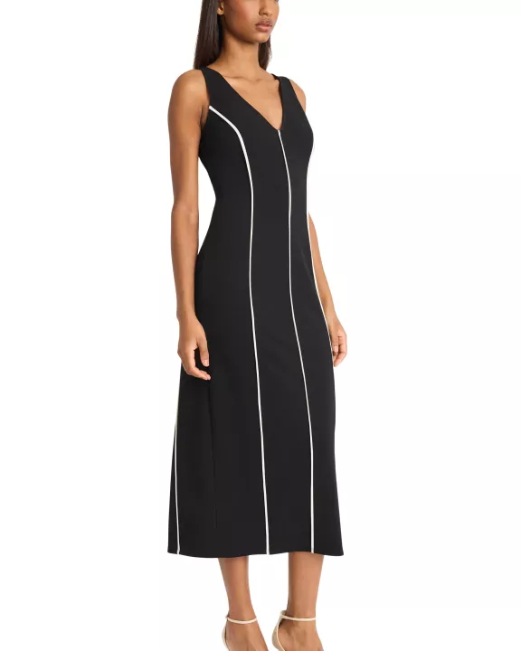 V-NECK MIDI DRESS WITH CONTRAST PIPING