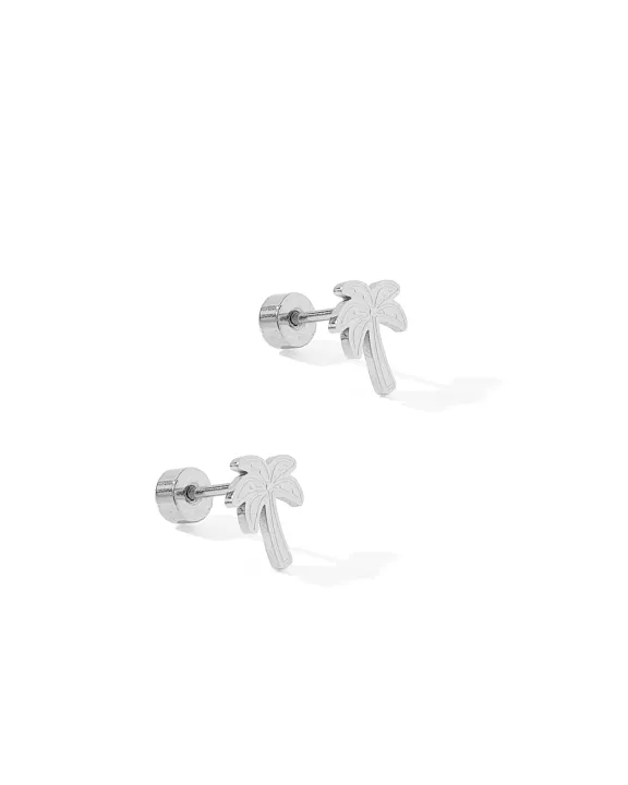 Screwback Stud Earrings - Palm Tree Silver