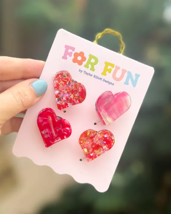 For Fun - Pink + Red Hearts Mini Claw Clips - Min. 4 (CC-10)