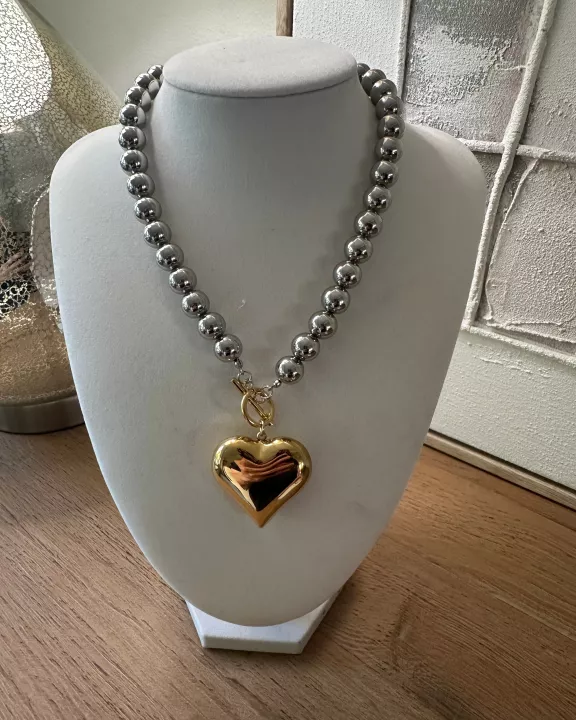 Two Tone Heart Necklace with Bead Chain - 18K plate