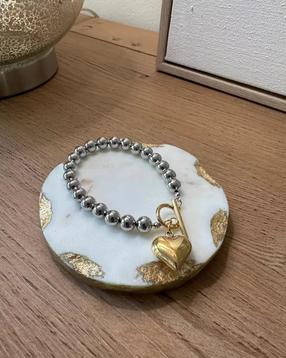 Two Tone Heart Bracelet with Bead Chain - 18K plate