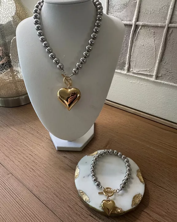 Two Tone Heart Bracelet with Bead Chain - 18K plate