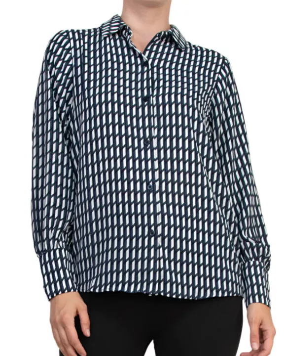 Grace Geometric Diagonal Stripes Collared Neckline Buttoned Cuffs Top Blouse Dress
