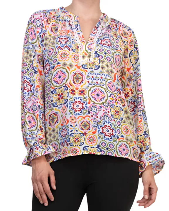 Grace Bohemian Intricate Tile Detail Crochet Trim Edges V-Neckline Elastic Cuffs Top Blouse Dress
