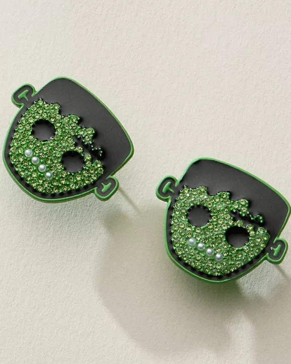 Green Rhinestone Frankenstein Halloween Earrings