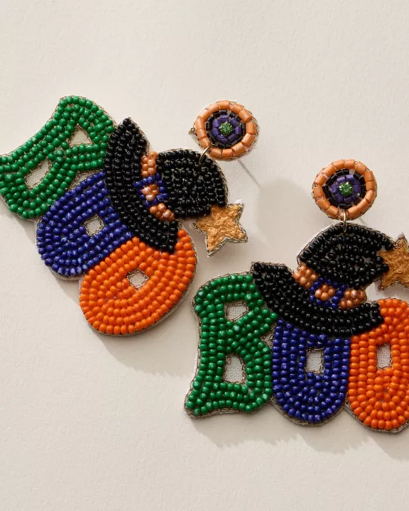 Beaded BOO Halloween Witch Hat Earrings