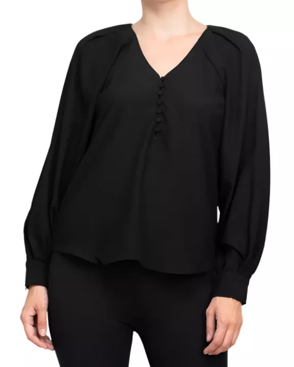 Philosophy V-neck cuffed long sleeve button closure front solid stretch crepe blouse