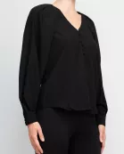 Philosophy V-neck cuffed long sleeve button closure front solid stretch crepe blouse