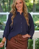 Sloane Button Up Top- Navy