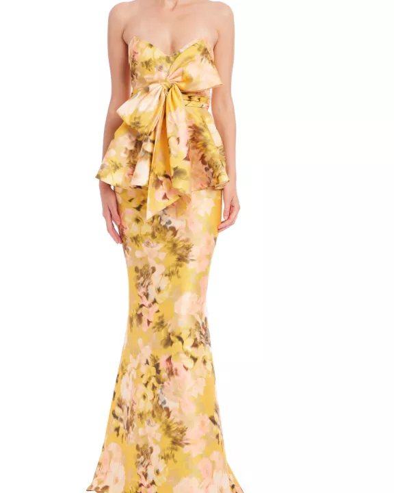 Badgley Mischka Sunny Yellow Blooms Strapless Waist-Cinching Bow Peplum Mermaid Skirt Silhouette Gown Dress