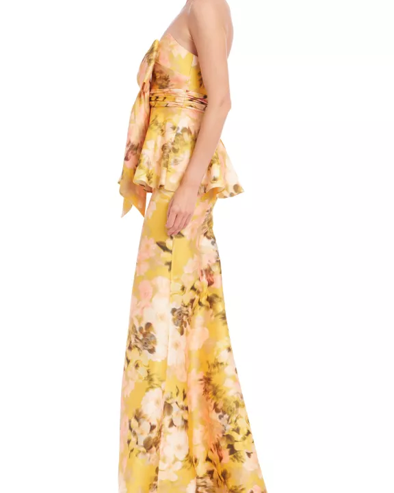 Badgley Mischka Sunny Yellow Blooms Strapless Waist-Cinching Bow Peplum Mermaid Skirt Silhouette Gown Dress