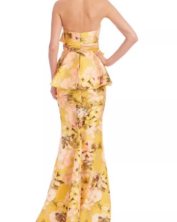 Badgley Mischka Sunny Yellow Blooms Strapless Waist-Cinching Bow Peplum Mermaid Skirt Silhouette Gown Dress