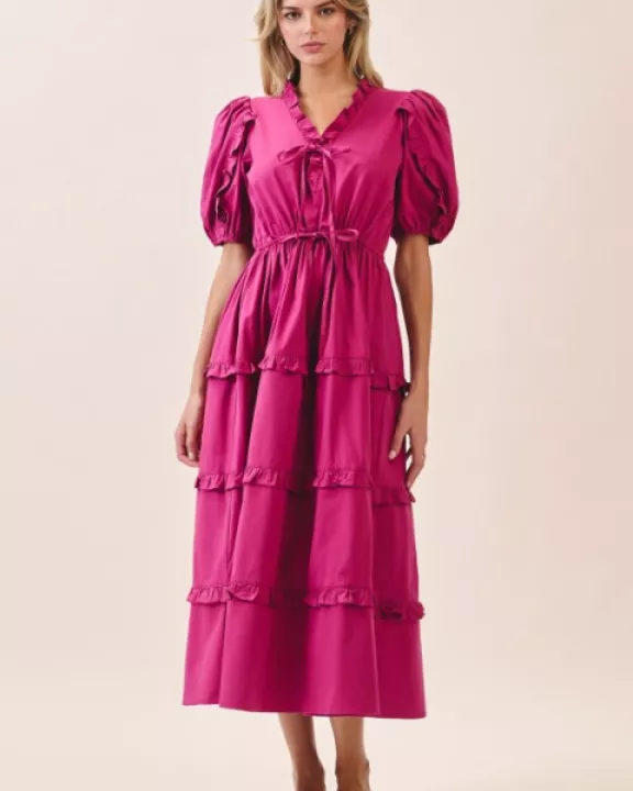CD06158-Drawstring Waist Tiered Skirt Ruffle Accents Dress