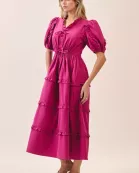 CD06158-Drawstring Waist Tiered Skirt Ruffle Accents Dress