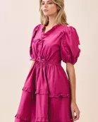 CD06158-Drawstring Waist Tiered Skirt Ruffle Accents Dress