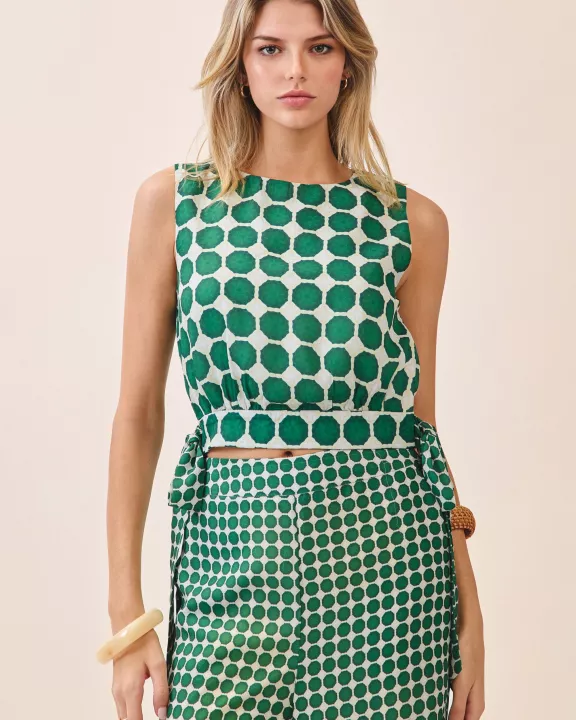CT9546-Geometric Print Wide Bateau Neck Side Tie Crop Top