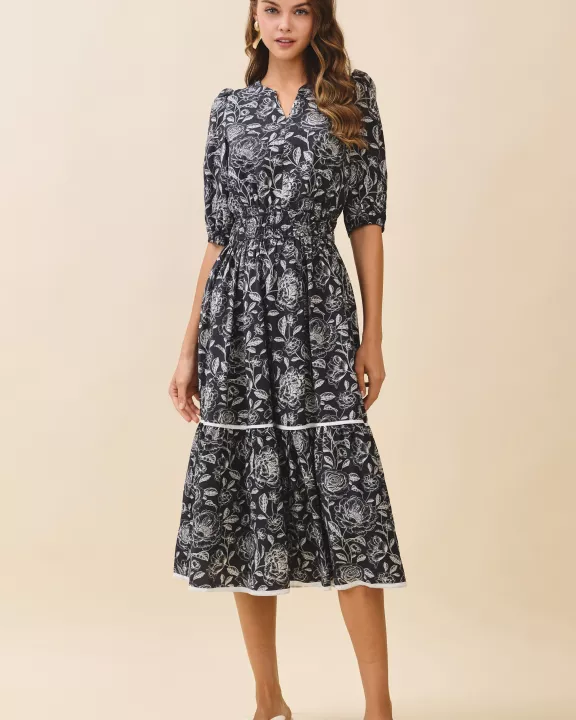 CD06197-Floral Print Notched Neck Puff Sleeves Midi Dress