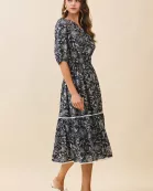 CD06197-Floral Print Notched Neck Puff Sleeves Midi Dress