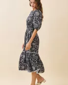 CD06197-Floral Print Notched Neck Puff Sleeves Midi Dress