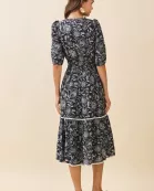 CD06197-Floral Print Notched Neck Puff Sleeves Midi Dress