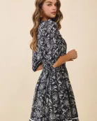CD06197-Floral Print Notched Neck Puff Sleeves Midi Dress