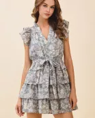 CD06202-Floral Print Layered Ruffle Tiers V Neck Dress