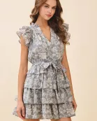CD06202-Floral Print Layered Ruffle Tiers V Neck Dress