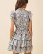 CD06202-Floral Print Layered Ruffle Tiers V Neck Dress