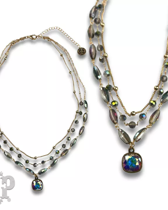 Mixed linked beads and chain necklace with Austrian crystal