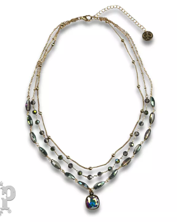 Mixed linked beads and chain necklace with Austrian crystal