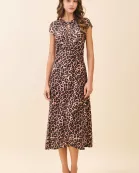 CD06205-Leopard Print Ruched Bodice Cap Sleeves Midi Dress