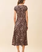 CD06205-Leopard Print Ruched Bodice Cap Sleeves Midi Dress