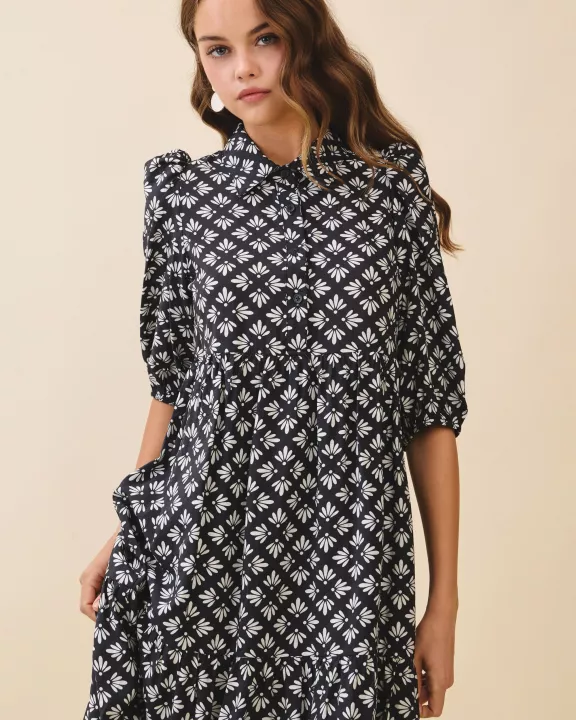 CD06215-Geometric Floral Print Pointed Collar Shirt Dress