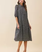 CD06215-Geometric Floral Print Pointed Collar Shirt Dress