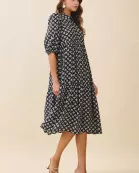 CD06215-Geometric Floral Print Pointed Collar Shirt Dress