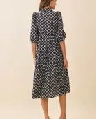CD06215-Geometric Floral Print Pointed Collar Shirt Dress