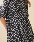 CD06215-Geometric Floral Print Pointed Collar Shirt Dress