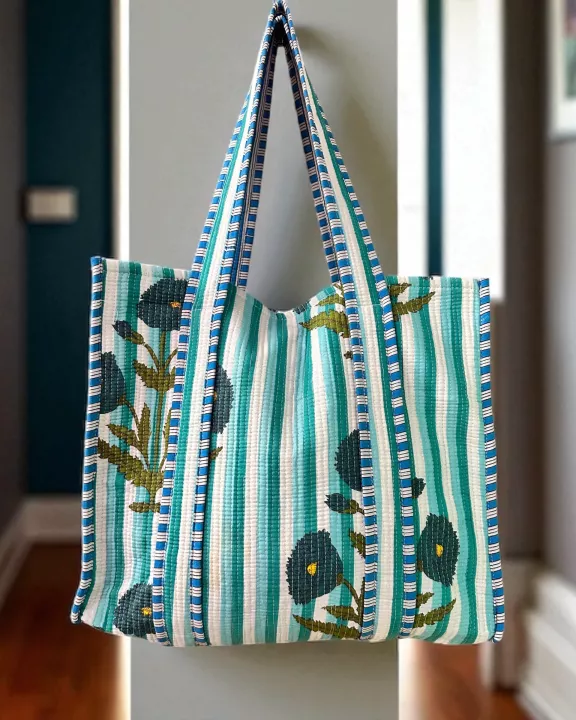 Navy Blossom Stripe Block Print Quilted Bag Collection