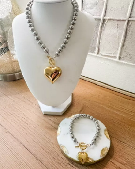 Two Tone Heart Bracelet with Bead Chain - 18K plate