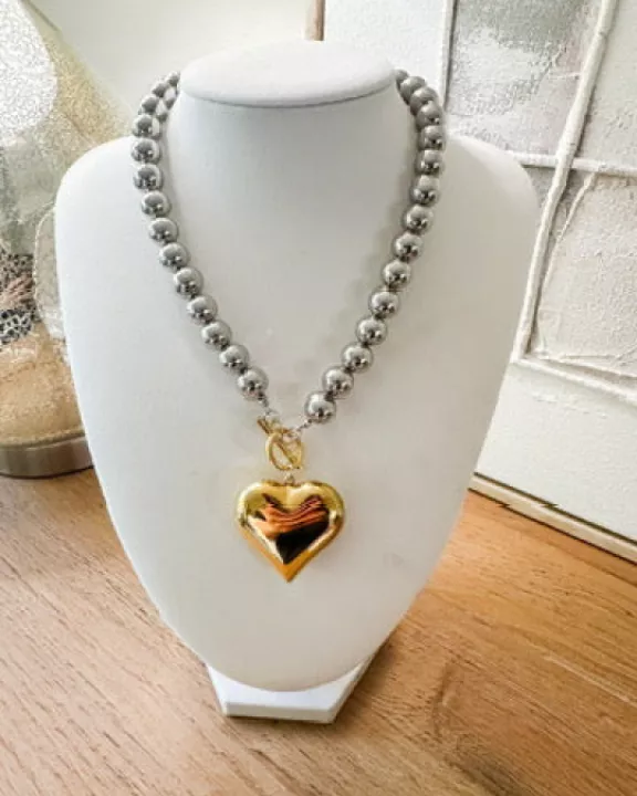 Two Tone Heart Bracelet with Bead Chain - 18K plate