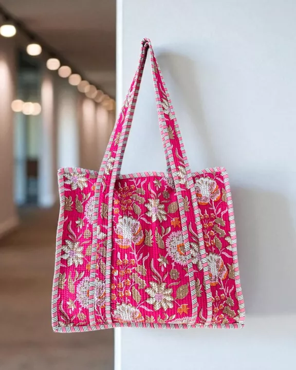 Fuchsia Bloom Block Print Quilted Bag Collection