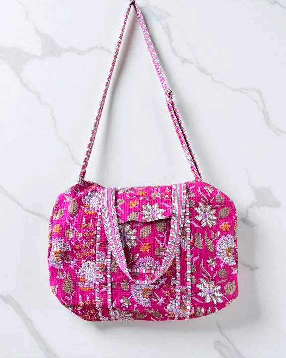 Fuchsia Bloom Block Print Quilted Bag Collection