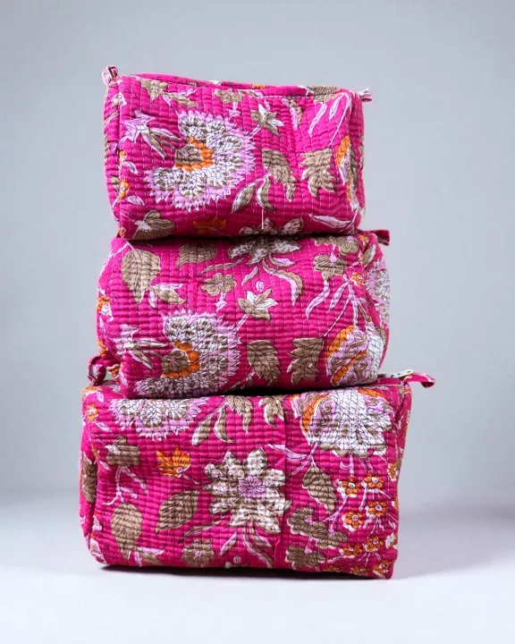 Fuchsia Bloom Block Print Quilted Bag Collection