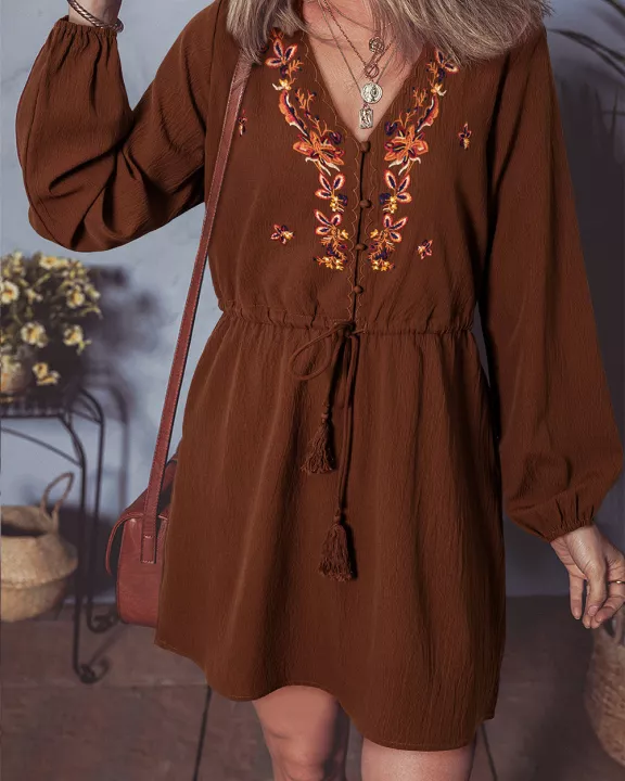 Liliana Floral Embroidered Tassel Tie Mini Dress